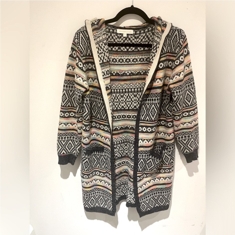 Monteau Multicolor Knit  Patterned Hooded Cardigan Sweater